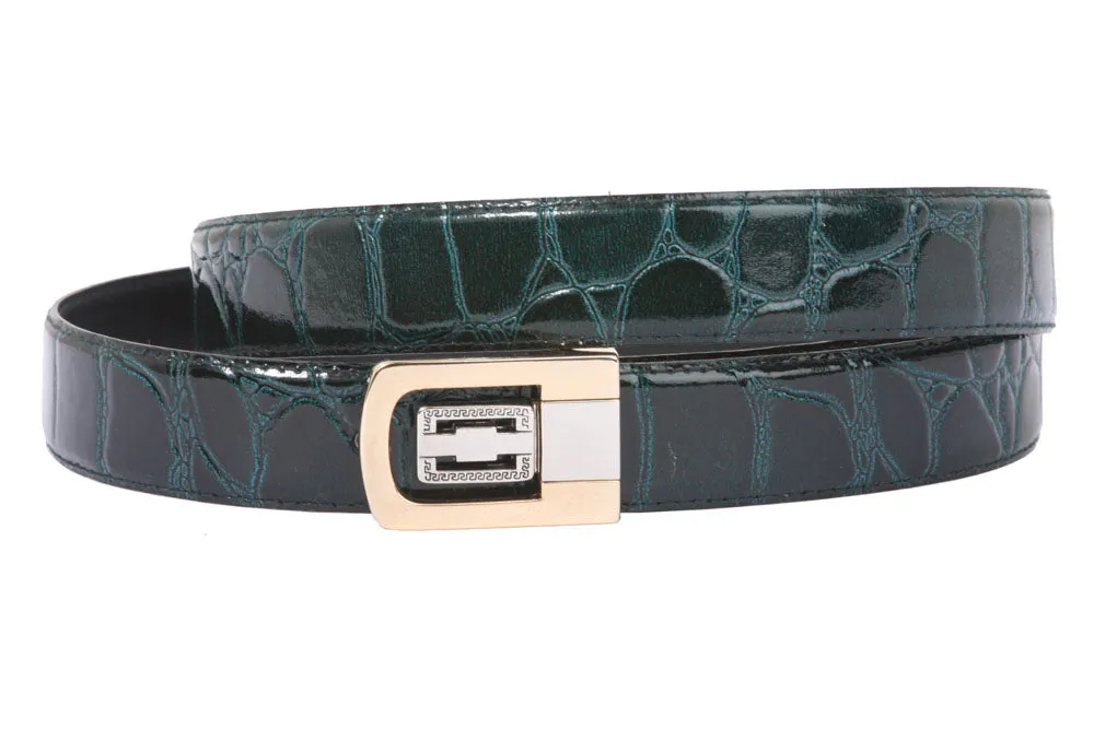 1 1/8 Inch Clamp On One Size Fits All Feather Edged Croco Print Patent Faux Leather Dress Belt