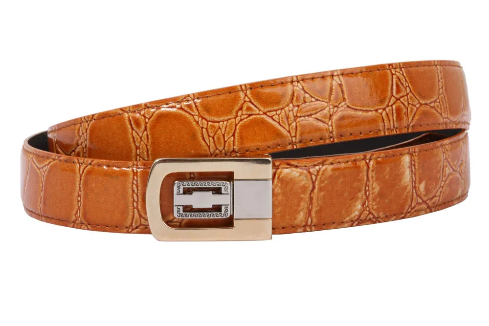 1 1/8 Inch Clamp On One Size Fits All Feather Edged Croco Print Patent Faux Leather Dress Belt