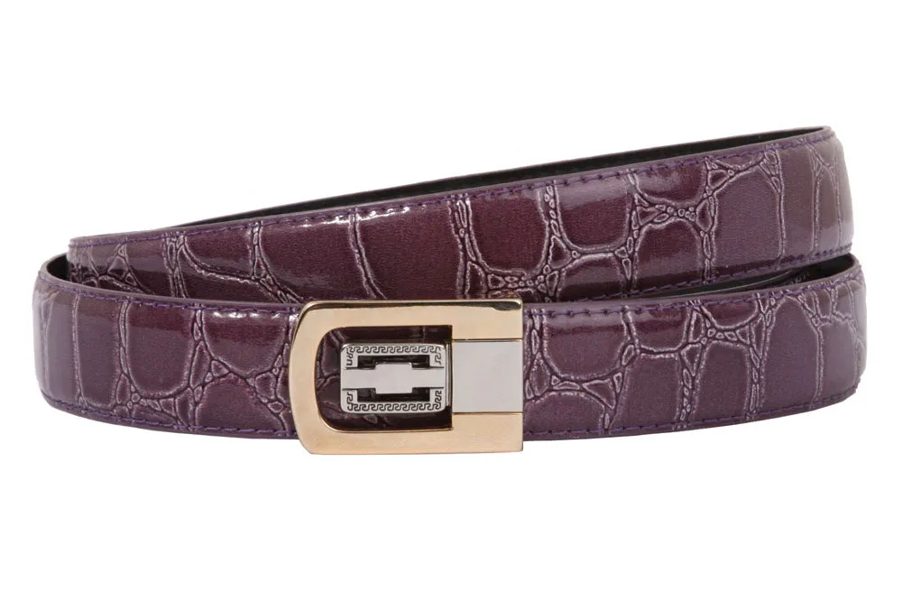 1 1/8 Inch Clamp On One Size Fits All Feather Edged Croco Print Patent Faux Leather Dress Belt