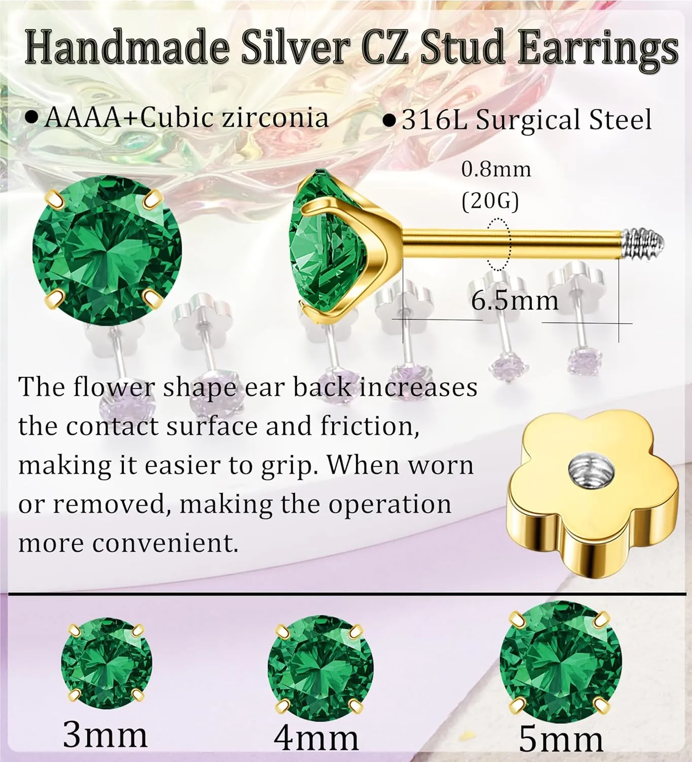 14K Gold CZ Flat Back Earrings for Women Hypoallergenic Cartilage Cubic Zirconia Earrings Studs 20G Handmade Nap Screw Back Earrings for Helix Conch Multiple Piercing Green CZ