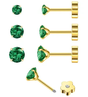 14K Gold CZ Flat Back Earrings for Women Hypoallergenic Cartilage Cubic Zirconia Earrings Studs 20G Handmade Nap Screw Back Earrings for Helix Conch Multiple Piercing Green CZ