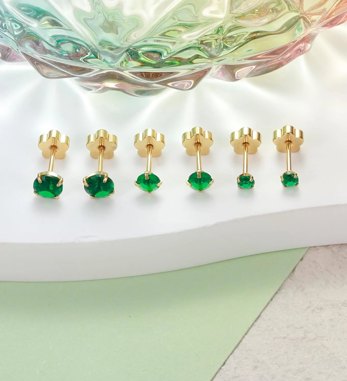 14K Gold CZ Flat Back Earrings for Women Hypoallergenic Cartilage Cubic Zirconia Earrings Studs 20G Handmade Nap Screw Back Earrings for Helix Conch Multiple Piercing Green CZ