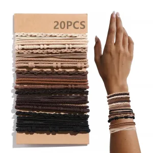 20 PCS Boho Hair Ties, Bracelets Hair Ties for Thick or Thin Hair, 4 Styles Boho Ties for Ponytail Holders, 2.36??Hair Ties No-Damage, Brown
