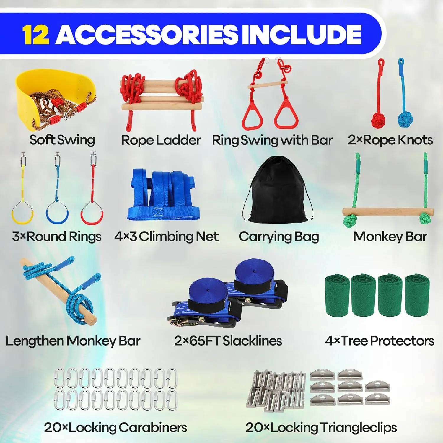 2x65FT Ninja Warrior Obstacle Course for Kids with 12 Obstacle Course Accessories-Swings, Monkey Bars, Arm Trainers and More, Suitable for Boys and Girls Over 3 Years Old-440 lbs Weight Capacity