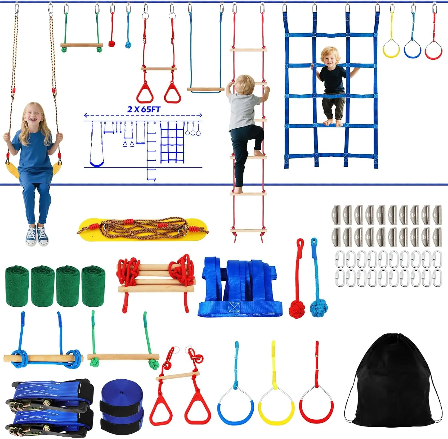 2x65FT Ninja Warrior Obstacle Course for Kids with 12 Obstacle Course Accessories-Swings, Monkey Bars, Arm Trainers and More, Suitable for Boys and Girls Over 3 Years Old-440 lbs Weight Capacity