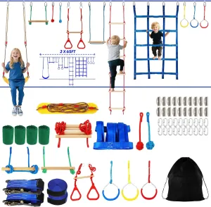 2x65FT Ninja Warrior Obstacle Course for Kids with 12 Obstacle Course Accessories-Swings, Monkey Bars, Arm Trainers and More, Suitable for Boys and Girls Over 3 Years Old-440 lbs Weight Capacity
