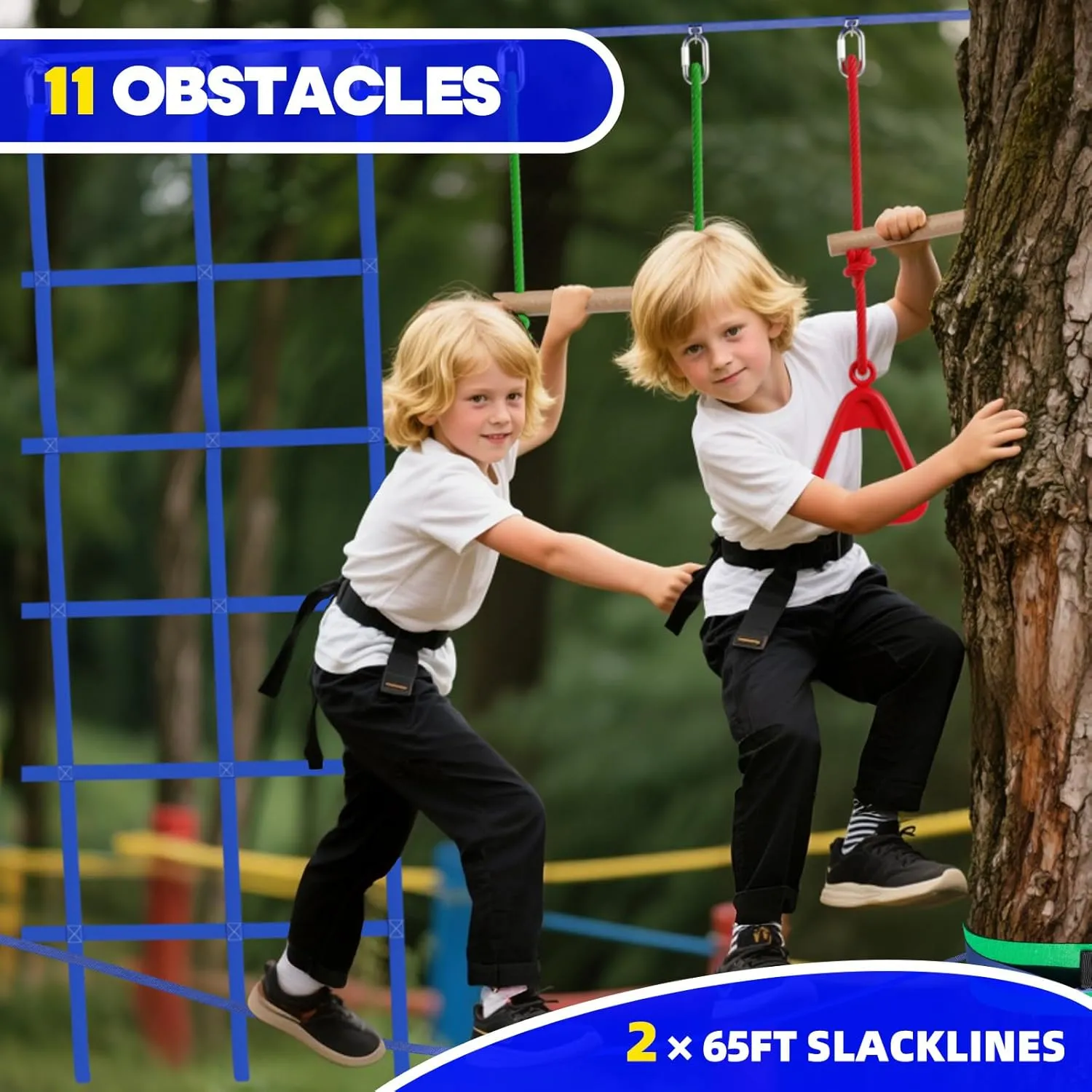 2x65FT Ninja Warrior Obstacle Course for Kids with 12 Obstacle Course Accessories-Swings, Monkey Bars, Arm Trainers and More, Suitable for Boys and Girls Over 3 Years Old-440 lbs Weight Capacity