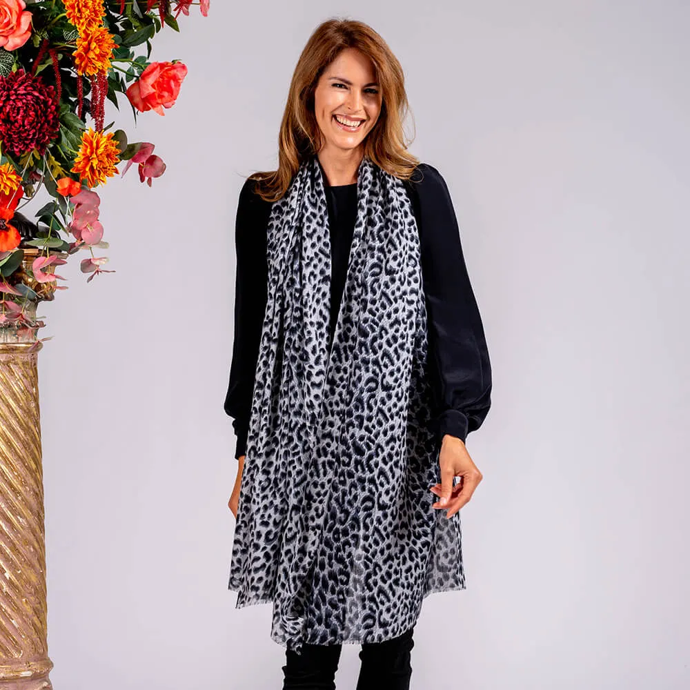 Black Leopard Print Cashmere and Silk Scarf