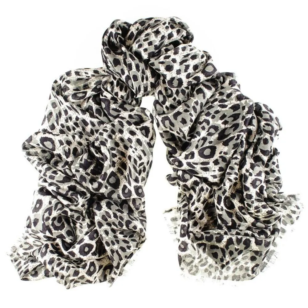 Black Leopard Print Cashmere and Silk Scarf