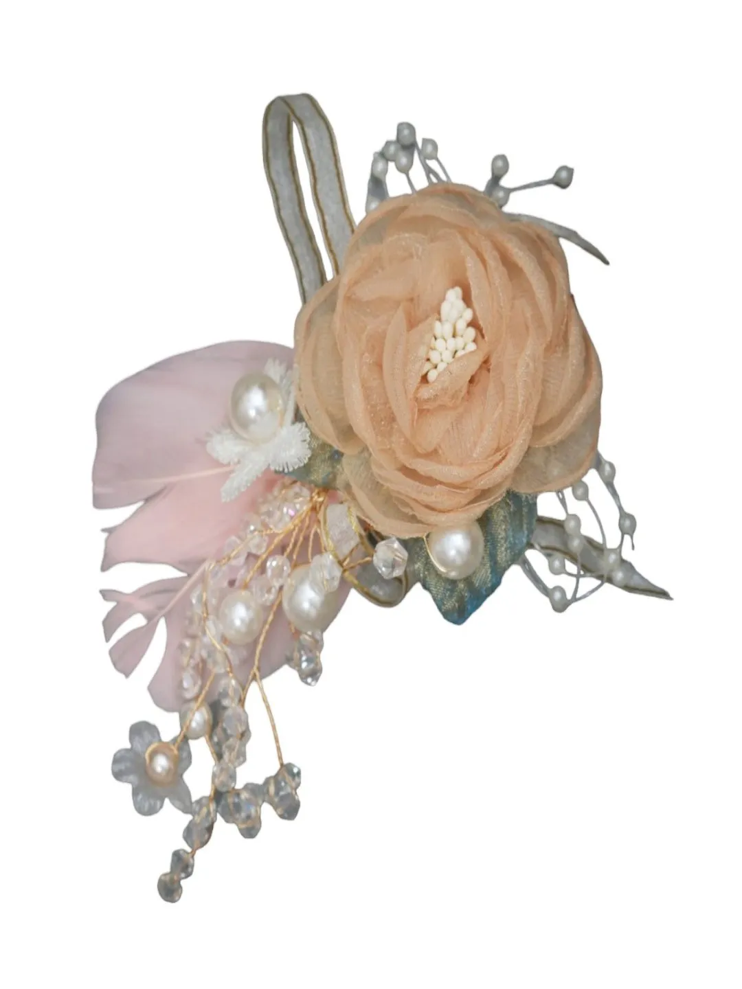 Blush and Charm: Chic Beige Rosette Flower Hair Clip with Soft Pink Feather and Pearl Embellishments