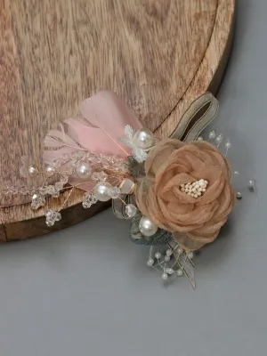 Blush and Charm: Chic Beige Rosette Flower Hair Clip with Soft Pink Feather and Pearl Embellishments