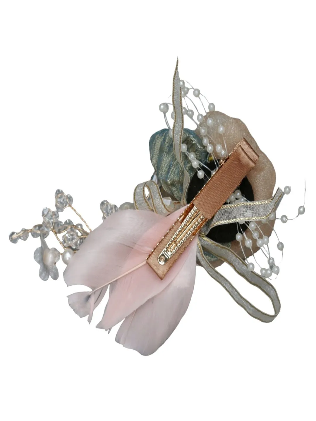Blush and Charm: Chic Beige Rosette Flower Hair Clip with Soft Pink Feather and Pearl Embellishments