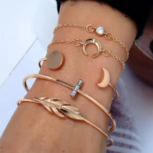 Bohemian Black Rope Chain Bracelet Set For Women Aircraft Moon Leaf