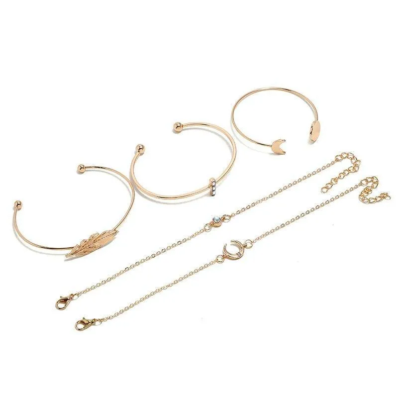 Bohemian Black Rope Chain Bracelet Set For Women Aircraft Moon Leaf