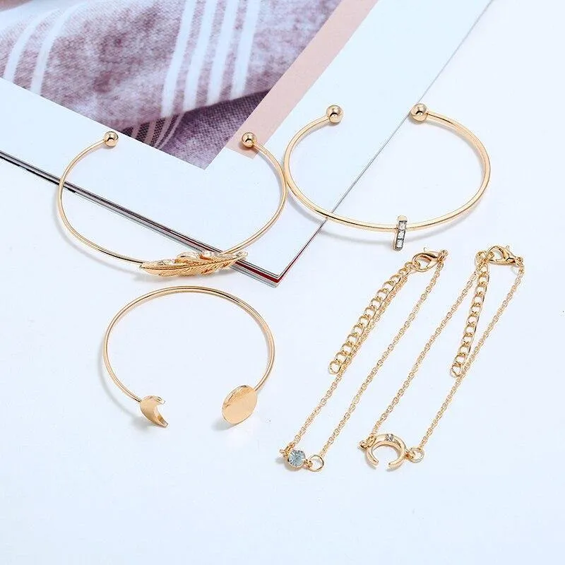 Bohemian Black Rope Chain Bracelet Set For Women Aircraft Moon Leaf