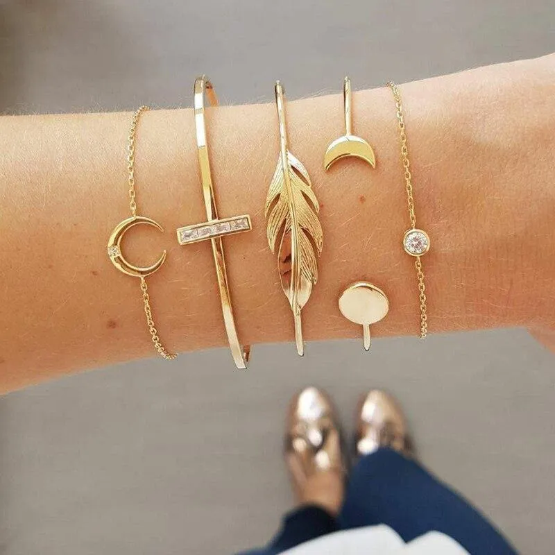 Bohemian Black Rope Chain Bracelet Set For Women Aircraft Moon Leaf