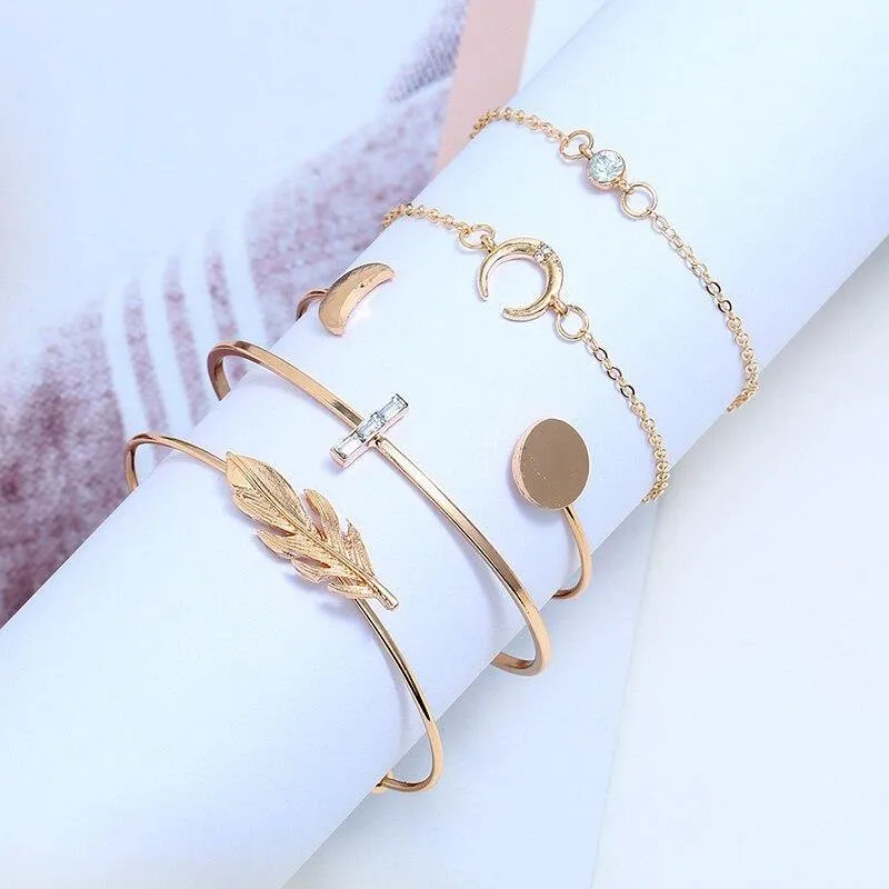 Bohemian Black Rope Chain Bracelet Set For Women Aircraft Moon Leaf