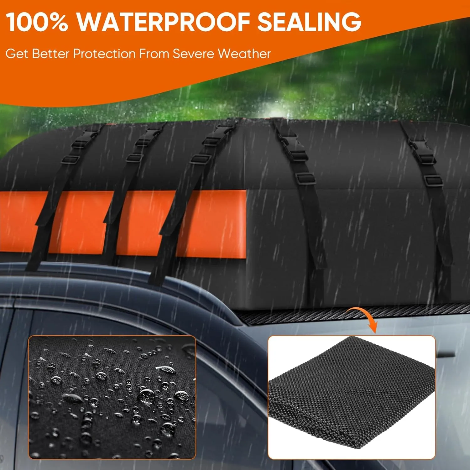 Car Rooftop Waterproof Bag,15 Cubic Feet Large Capacity Rainproof and Snowproof Cargo Transportation Roof Cargo Bag for All Vehicle with/Without Racks-Anti-Slip Mat,10 Straps,Luggage Lock