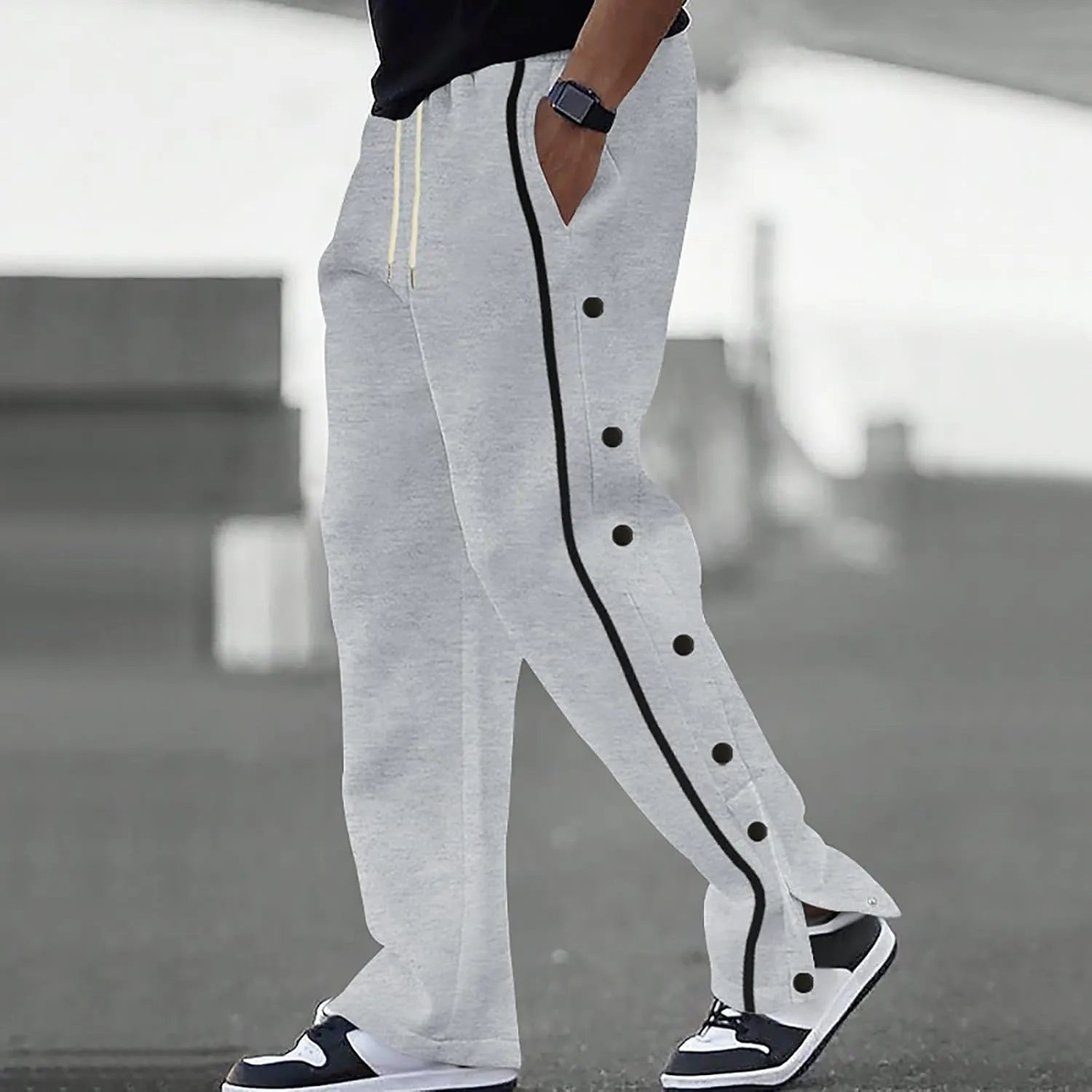 Casual Sweatpants for Men Side Button Elastic Waist Drawstring Active Running Jogging Pants Not Tear Away