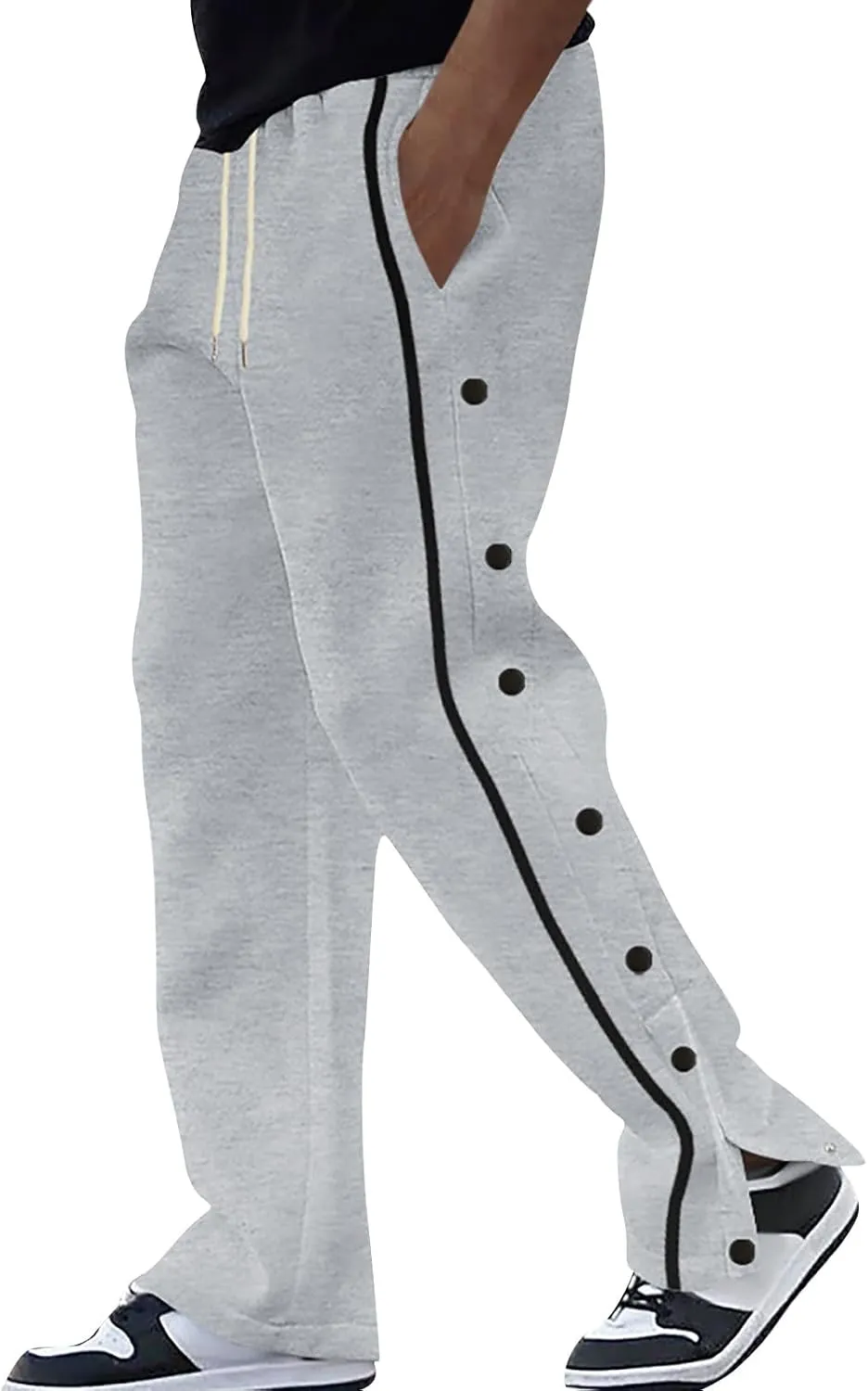 Casual Sweatpants for Men Side Button Elastic Waist Drawstring Active Running Jogging Pants Not Tear Away