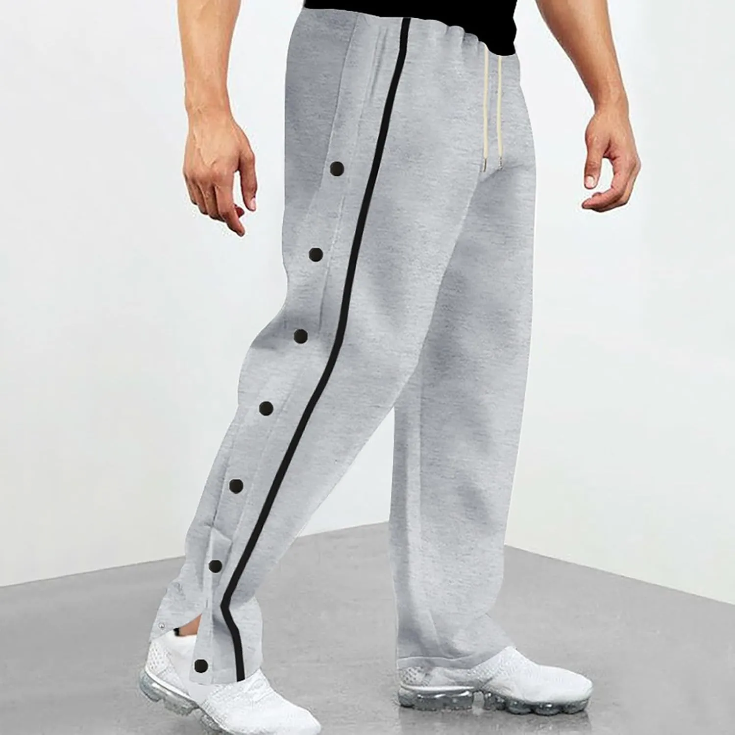 Casual Sweatpants for Men Side Button Elastic Waist Drawstring Active Running Jogging Pants Not Tear Away
