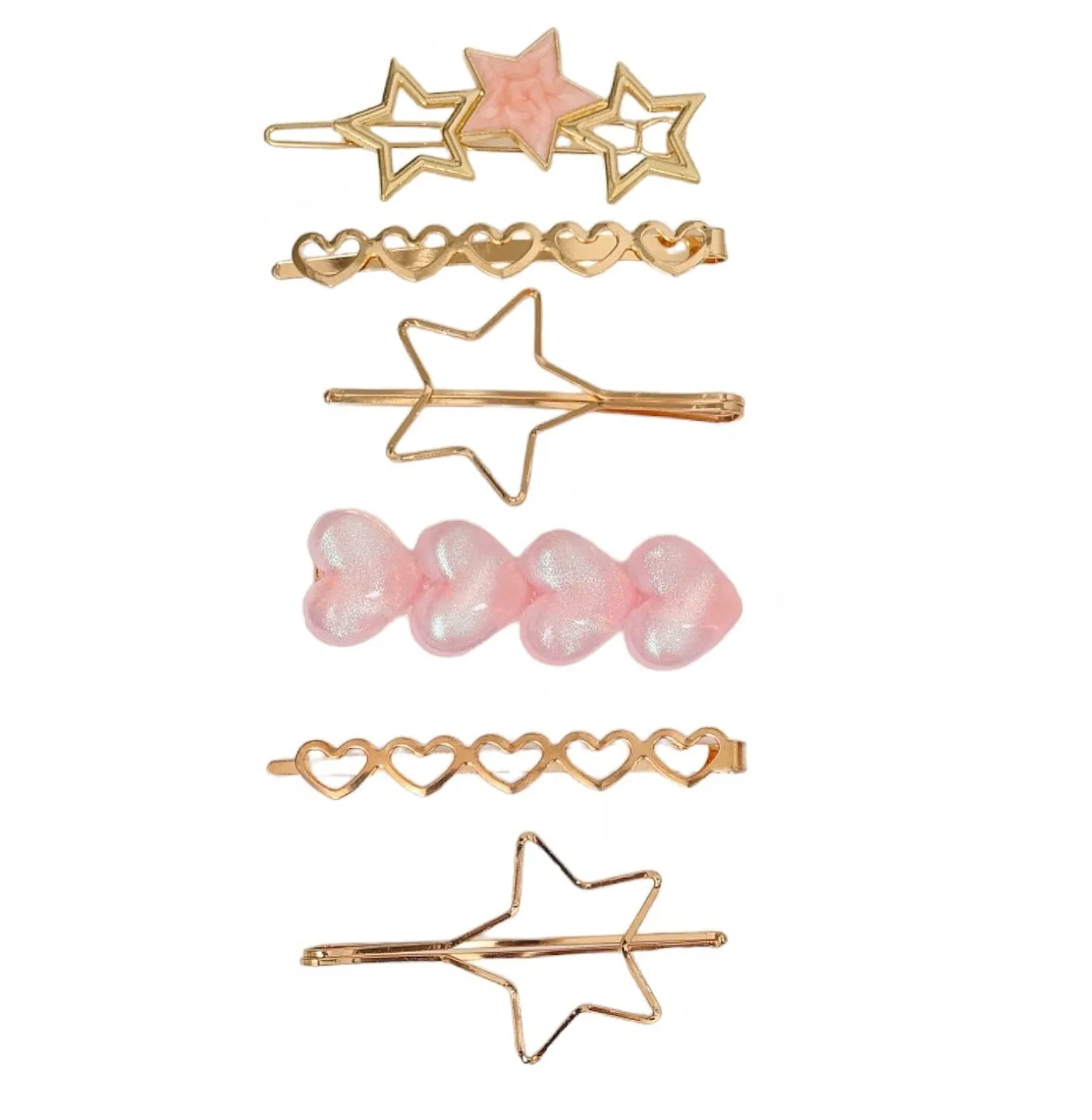 Celestial Charm: Golden Stars and Iridescent Hearts Hair Clip Set- Pack of 6, Golden and Pink