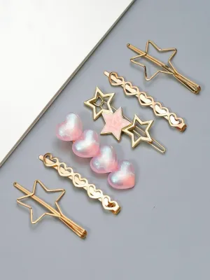 Celestial Charm: Golden Stars and Iridescent Hearts Hair Clip Set- Pack of 6, Golden and Pink