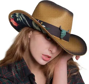 Cowboy Hats for Women, Brown Cowgirl Hats Classic Straw Western Hats for Women Music Festival Party Beach.