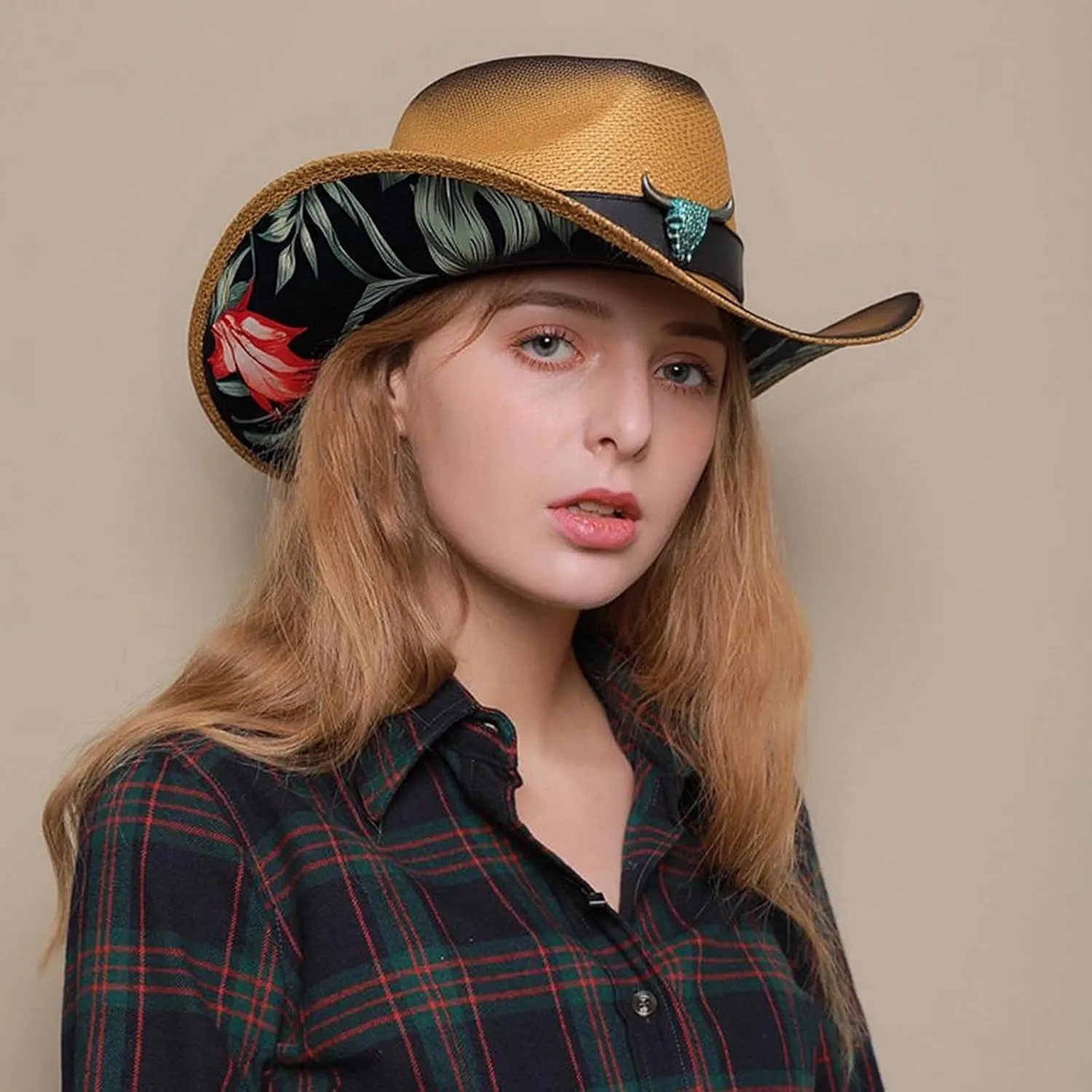 Cowboy Hats for Women, Brown Cowgirl Hats Classic Straw Western Hats for Women Music Festival Party Beach.