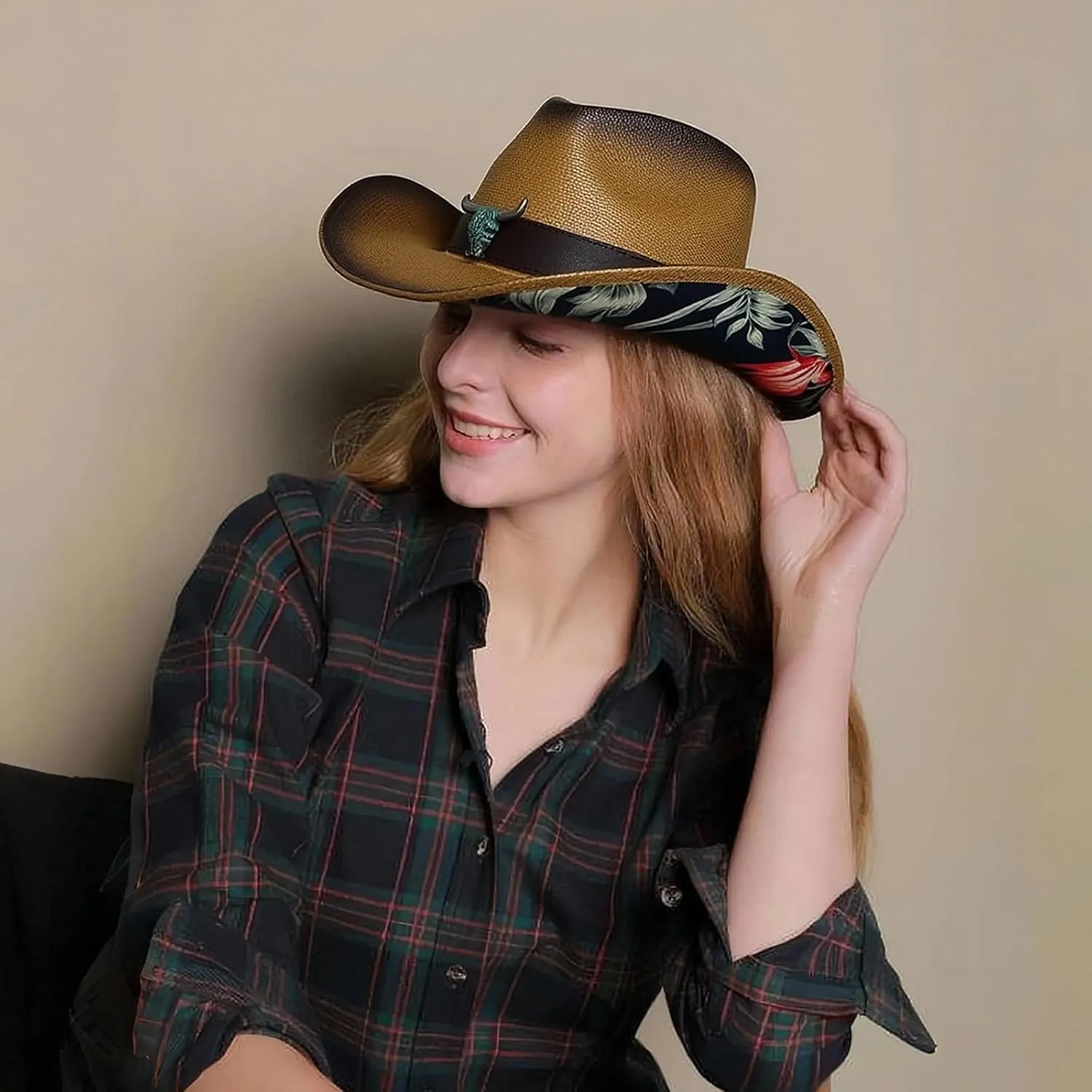Cowboy Hats for Women, Brown Cowgirl Hats Classic Straw Western Hats for Women Music Festival Party Beach.