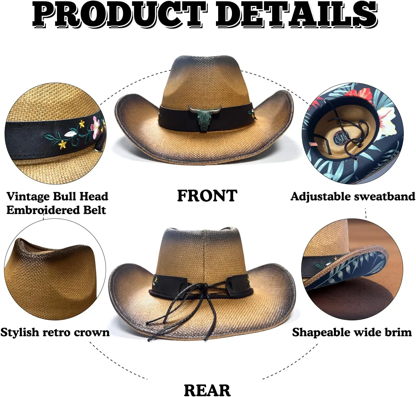 Cowboy Hats for Women, Brown Cowgirl Hats Classic Straw Western Hats for Women Music Festival Party Beach.
