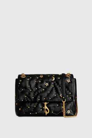 Edie Flap Shoulder With Celestial Studs Bag In Black/Antique Brass