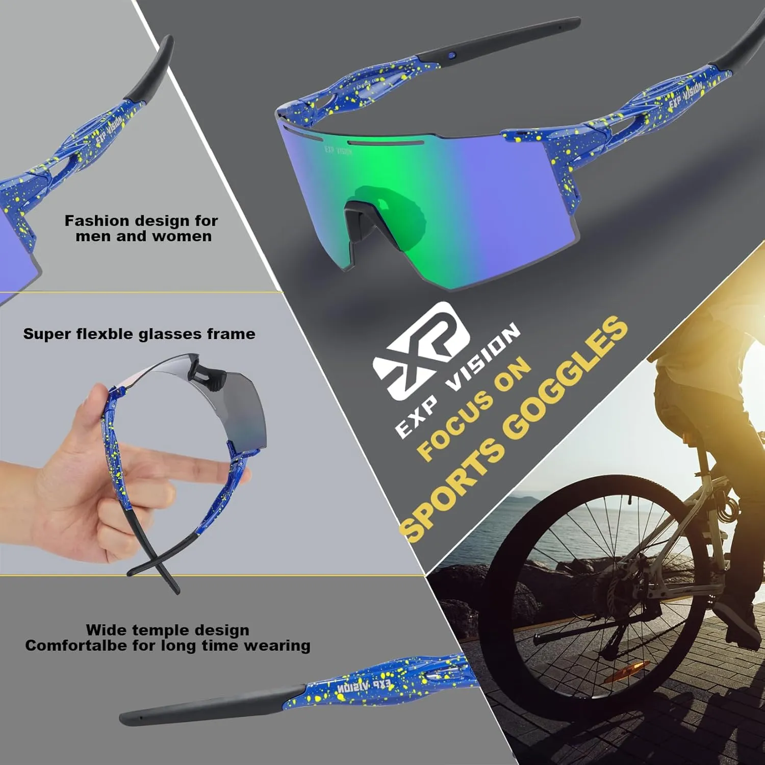 EXP VISION Polarized Cycling Glasses, UV 400 Sports Sunglasses Biking Goggles Running Hiking Golf Fishing Driving