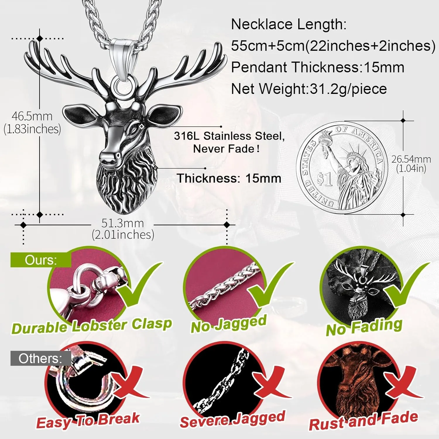FaithHeart Antler Necklace for Women, Vintage Viking Deer Pendant Necklace, Stainless Steel Christmas Jewerly Gift with Delicate Box