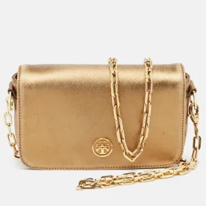 Gold Leather Logo Flap Chain Bag