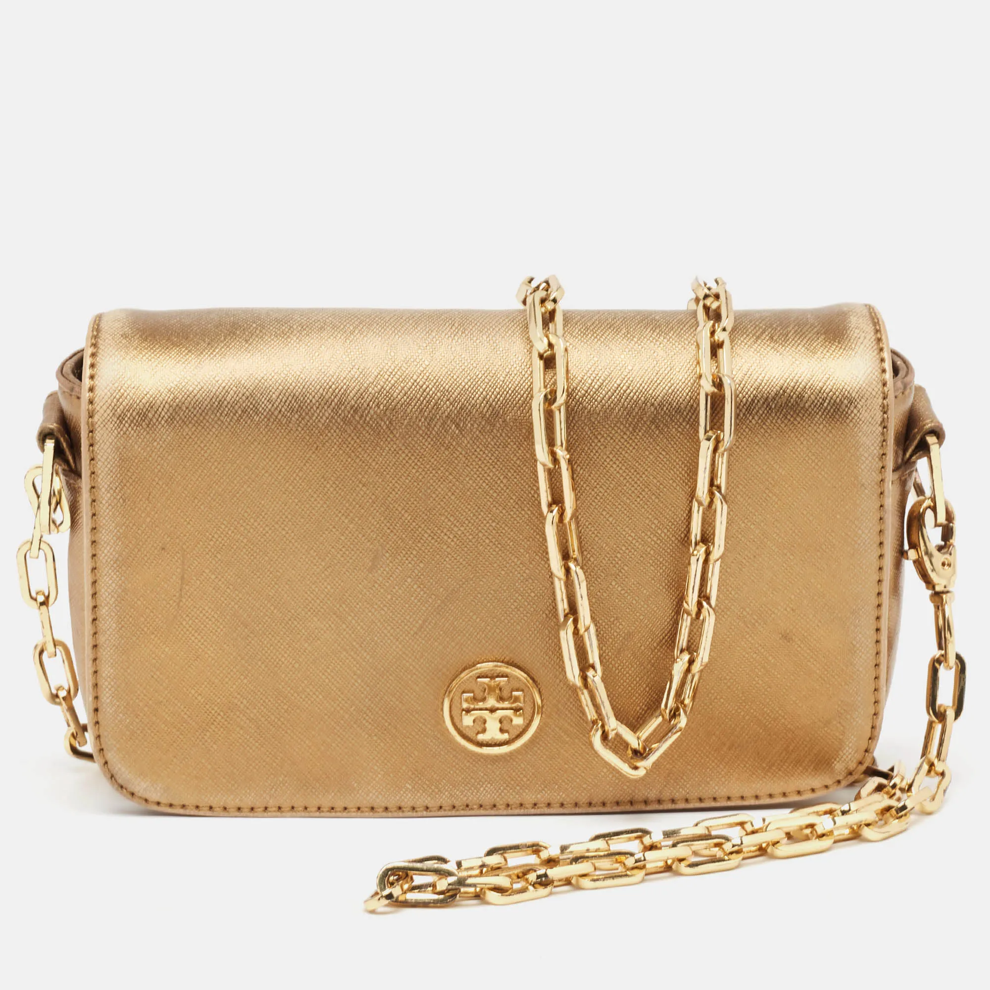 Gold Leather Logo Flap Chain Bag