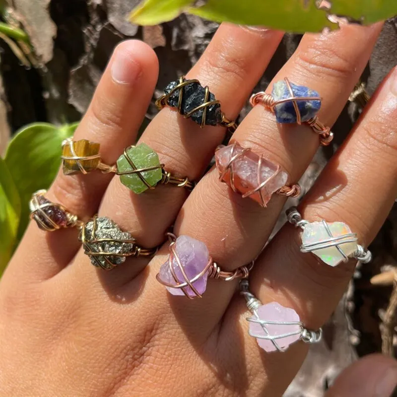 Gold Wire Wrapped Natural Stone Rings for Women