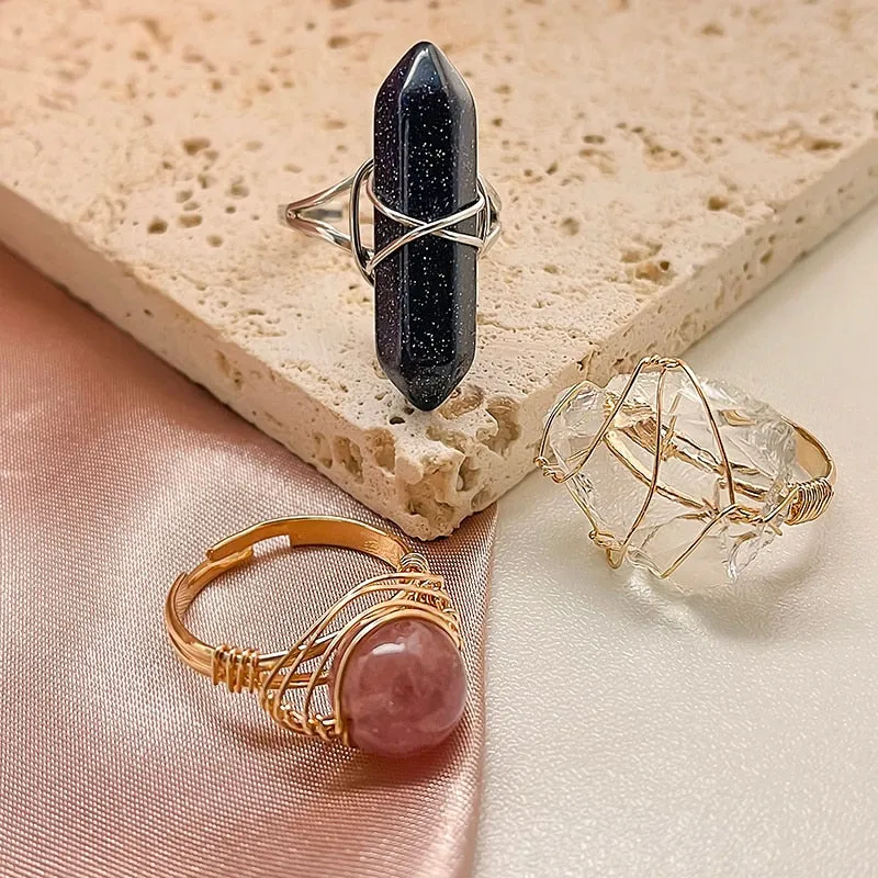 Gold Wire Wrapped Natural Stone Rings for Women