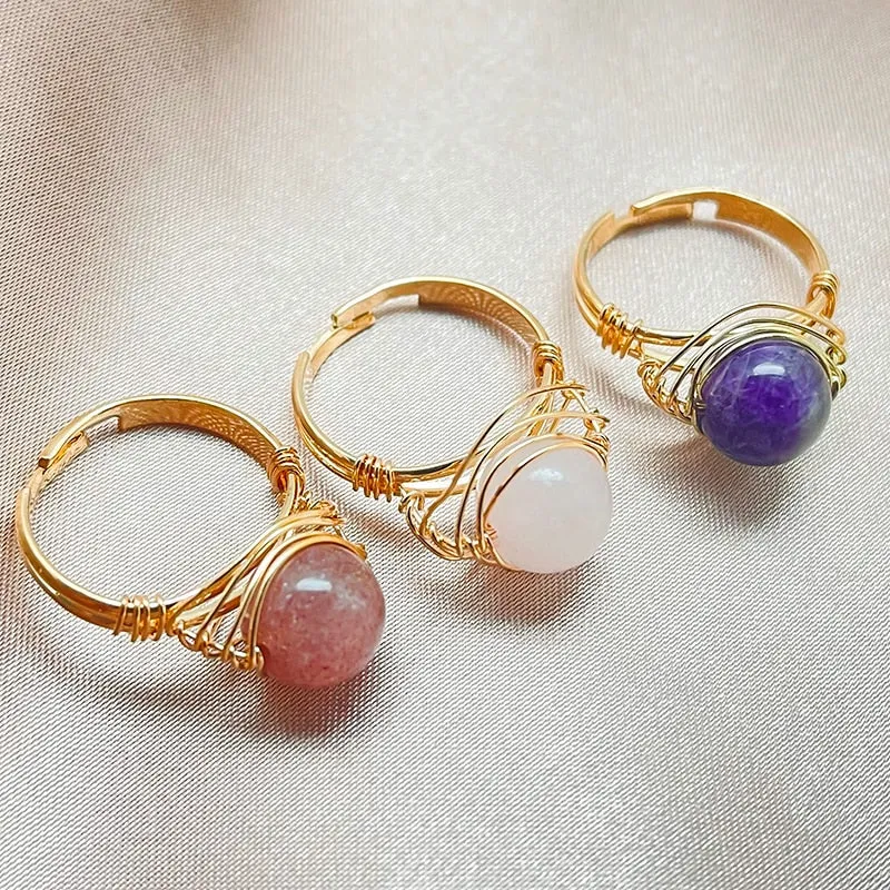 Gold Wire Wrapped Natural Stone Rings for Women
