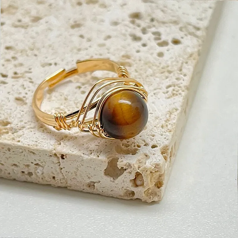 Gold Wire Wrapped Natural Stone Rings for Women