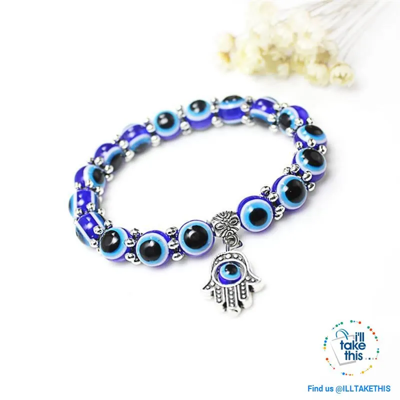 Handmade elasticized Hamsa/Hand of Fatima, evil eye bracelets blue evil eye good Luck bracelet