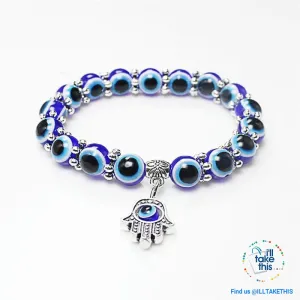 Handmade elasticized Hamsa/Hand of Fatima, evil eye bracelets blue evil eye good Luck bracelet