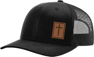 Heritage Pride Men's Christian Cross Worship Prayer God Laser Engraved Leather Patch Mesh Back Trucker Hat