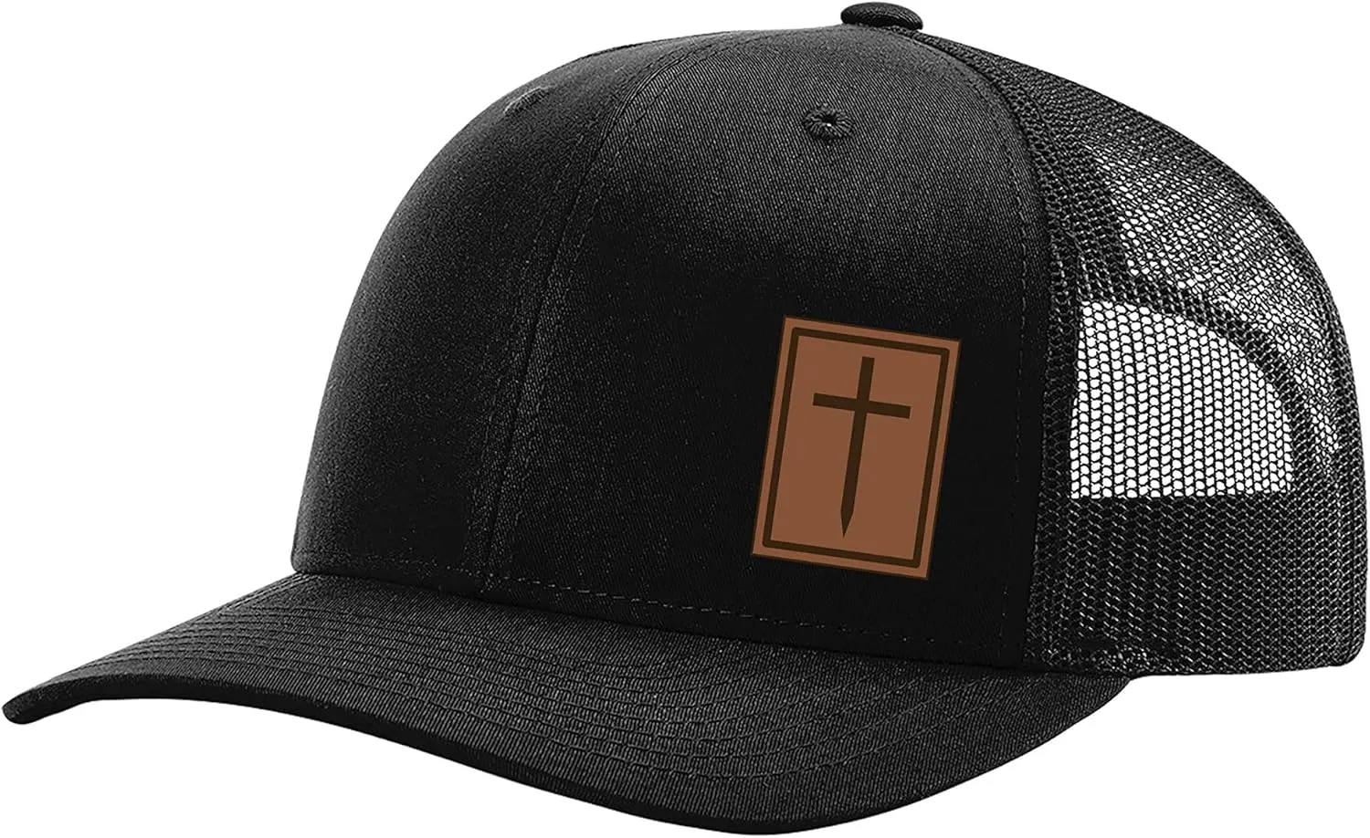 Heritage Pride Men's Christian Cross Worship Prayer God Laser Engraved Leather Patch Mesh Back Trucker Hat