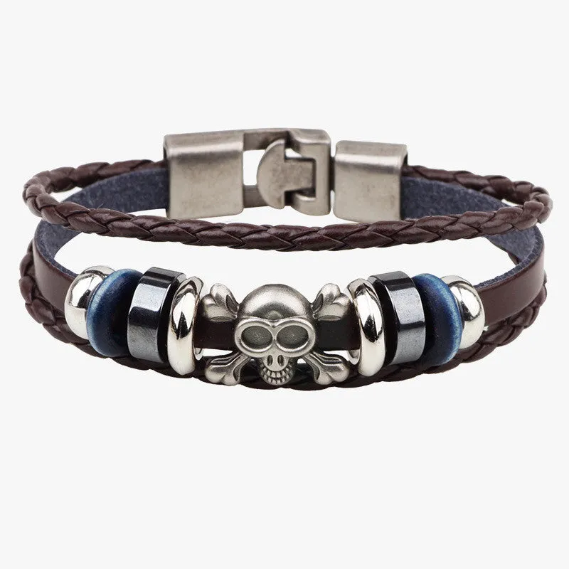 Hot Sale Bracelet Men Women Handmade Braid Genuine Leather bracelet Wrap Charm Skull Bracelet Bangle Men Jewelry