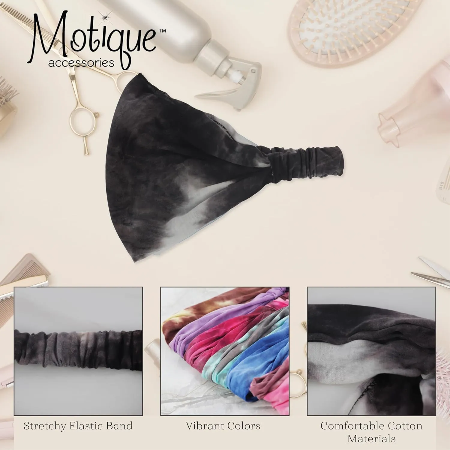Inky Black Stretchy Headwrap Tye Dye Boho Wide Hair Band Yoga (Motique Accessories)