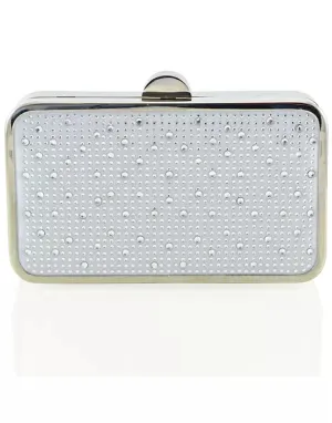 JASMINE CHROME PLATED DETAIL CLASP DIAMANTE CLUTCH EVENING BAG IN SILVER SATIN