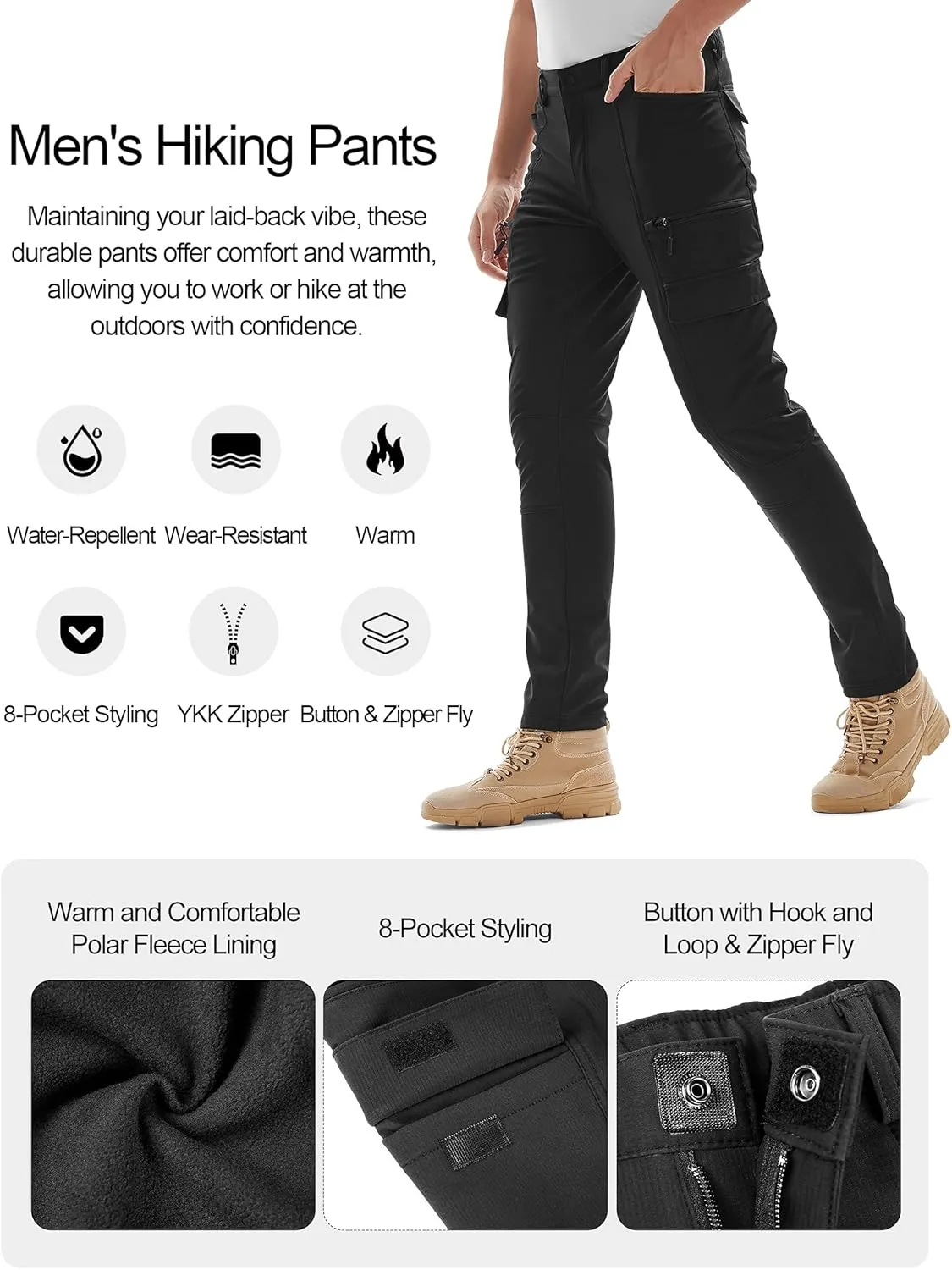KUTOOK Thermal Fleece Lined Softshell Cargo Hiking Pants Water Resistant Snow Ski Pants with Zipper Pockets for Men