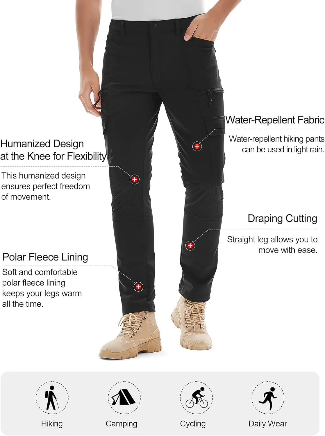KUTOOK Thermal Fleece Lined Softshell Cargo Hiking Pants Water Resistant Snow Ski Pants with Zipper Pockets for Men