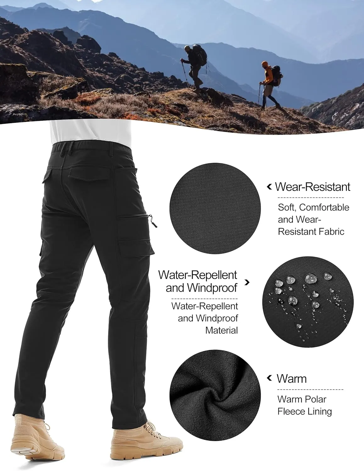 KUTOOK Thermal Fleece Lined Softshell Cargo Hiking Pants Water Resistant Snow Ski Pants with Zipper Pockets for Men